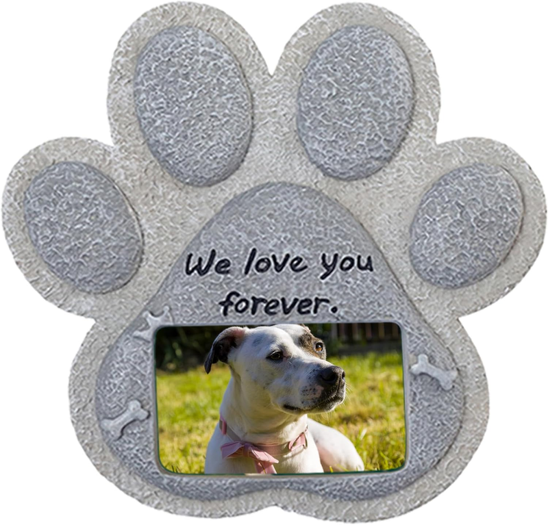 Paw Print Pet Memorial Stone, Grave Marker with Customizable Photo Frame Slot, L
