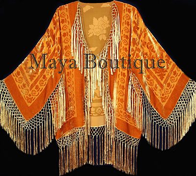 Pre-owned Maya Matazaro Orange Kimono Silk Burnout Velvet Fringe Jacket Short  Made In Usa