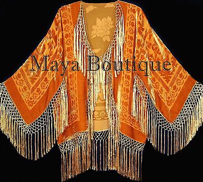 Pre-owned Maya Matazaro Orange Kimono Silk Burnout Velvet Fringe Jacket Short  Made In Usa
