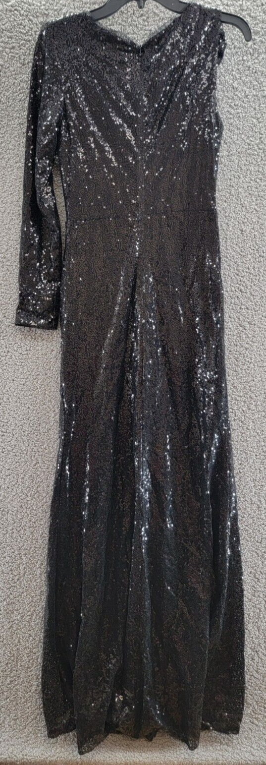 Aqua Sequined One Shoulder Evening Dress Women's 2 Black Round Neck Slit Zip - Picture 9 of 16
