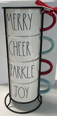 RAE DUNN Christmas Stacked 4 Mug GiftSet w Holder NWT
