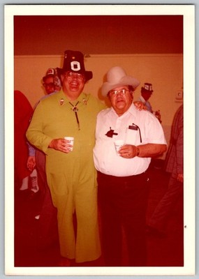 Vtg Color Snapshot Two Men In Costumes Green Jumpsuit Cowboy Hat Party 1977