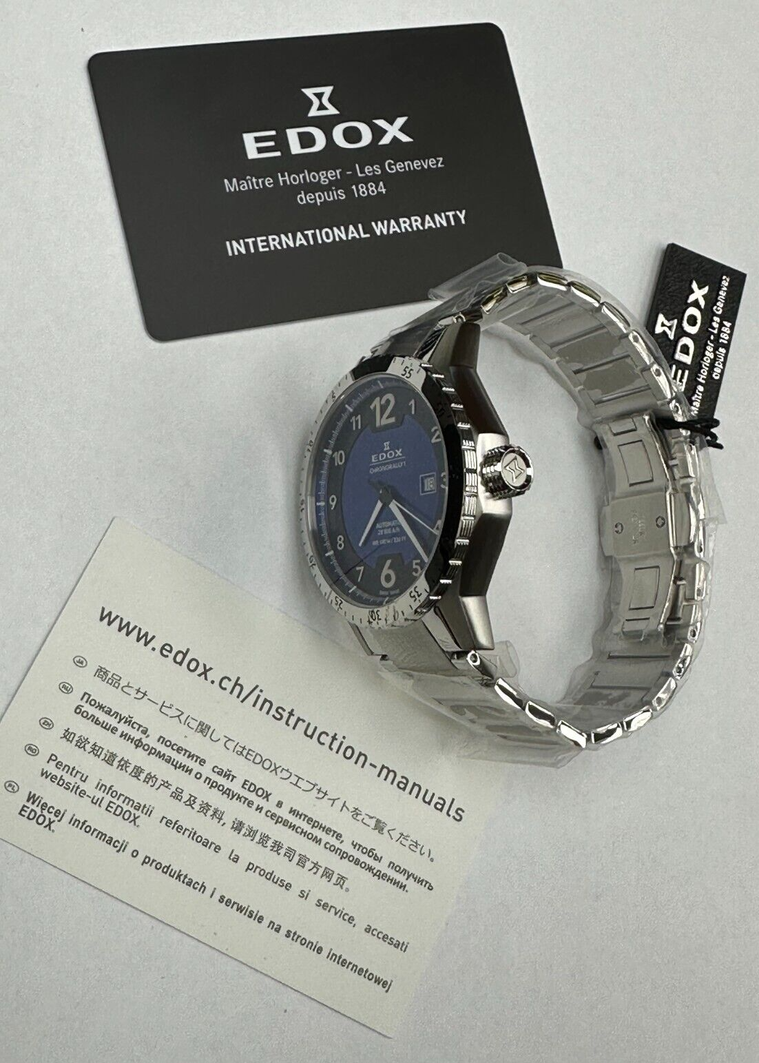 Pre-owned Edox 80094 3nm Bu1 Chronorally 1 Automatic Blue Dial Swiss Men's Watch Warranty