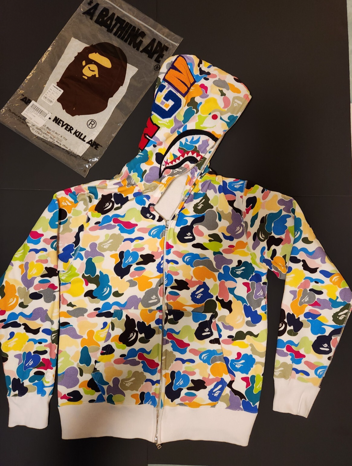 A BATHING APE Full-Zip WGM SHARK HOODIE White Multi-Camo Sz