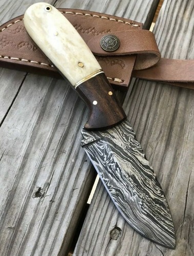 Custom Handmade Damascus Steel Bowie Hunting Knife Rose Wood Handle W/ Sheath