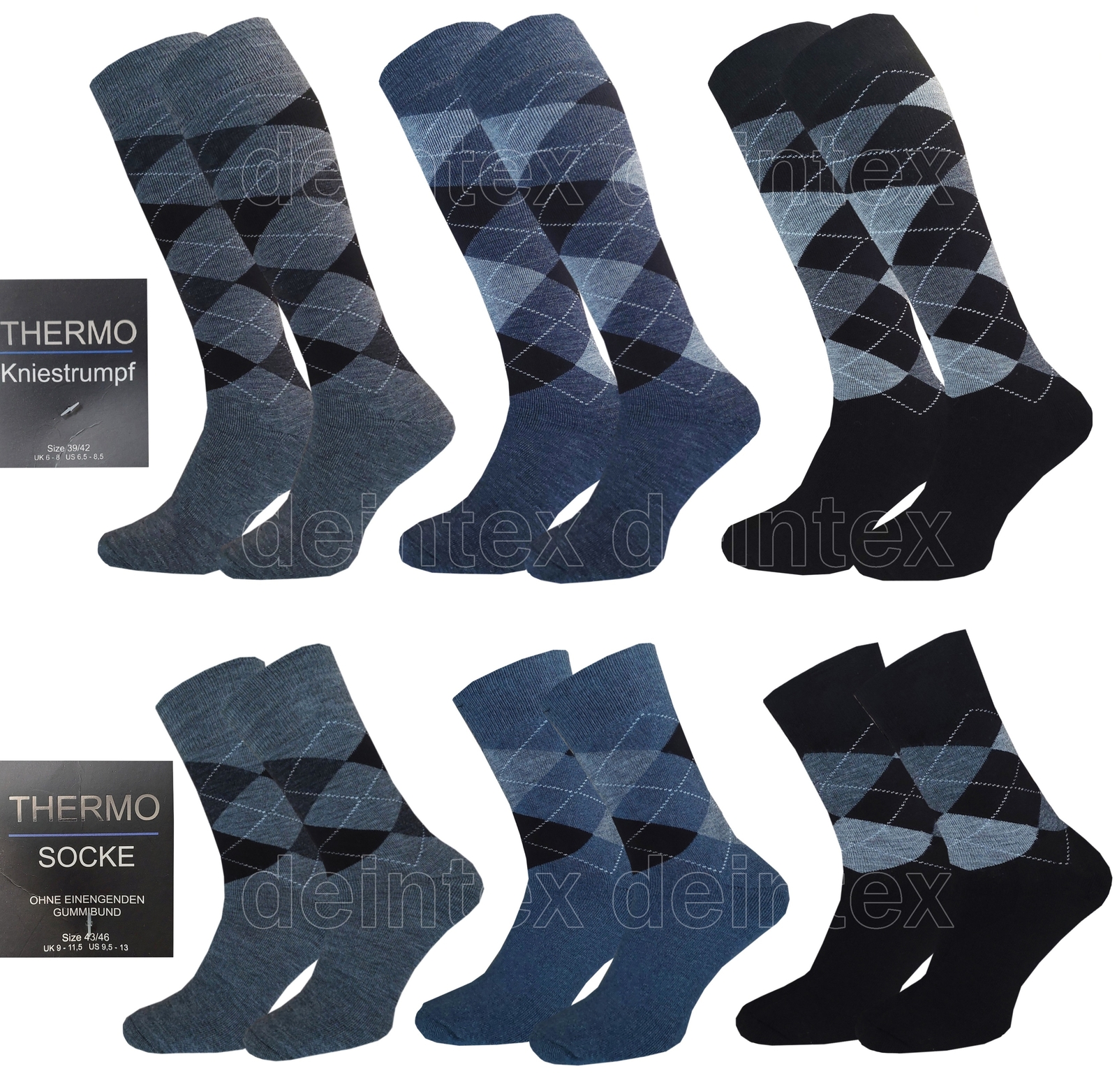 3-6 Paar Thermo Kniestrümpfe Winter Socken mit Rautenmuster Warm & Komfortabel