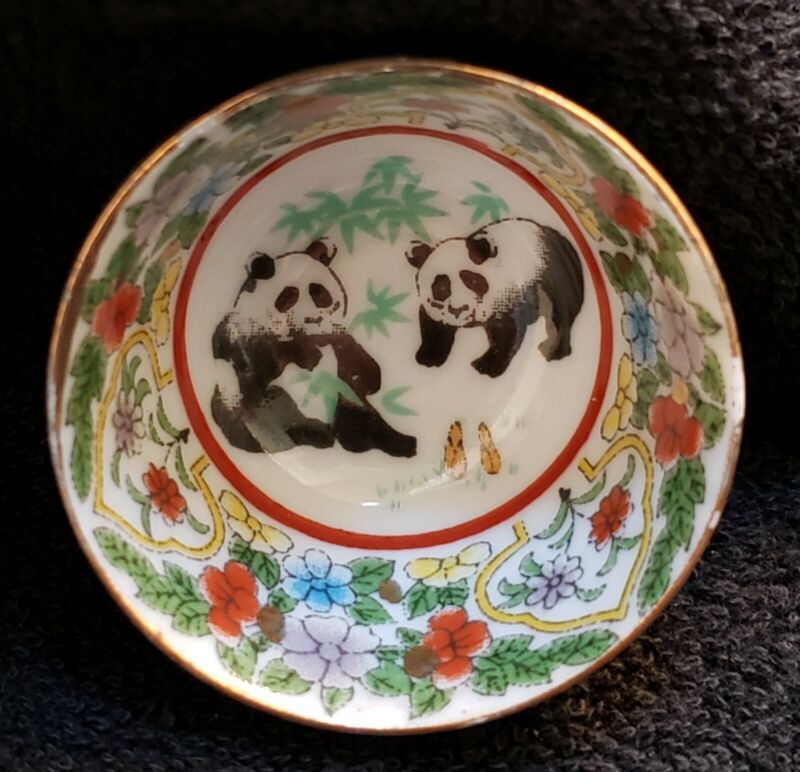 Vintage Chinese Sake/ Sauce Dipping Floral Panda Porcelain Cup