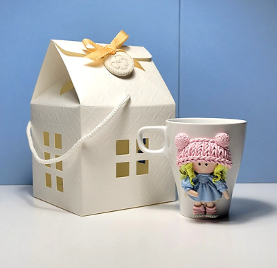 Hand-made 3D-decor*Ceramic Tea/Coffee MUG*8oz*Blond Baby  GIRL*GIFT BOX*Signed