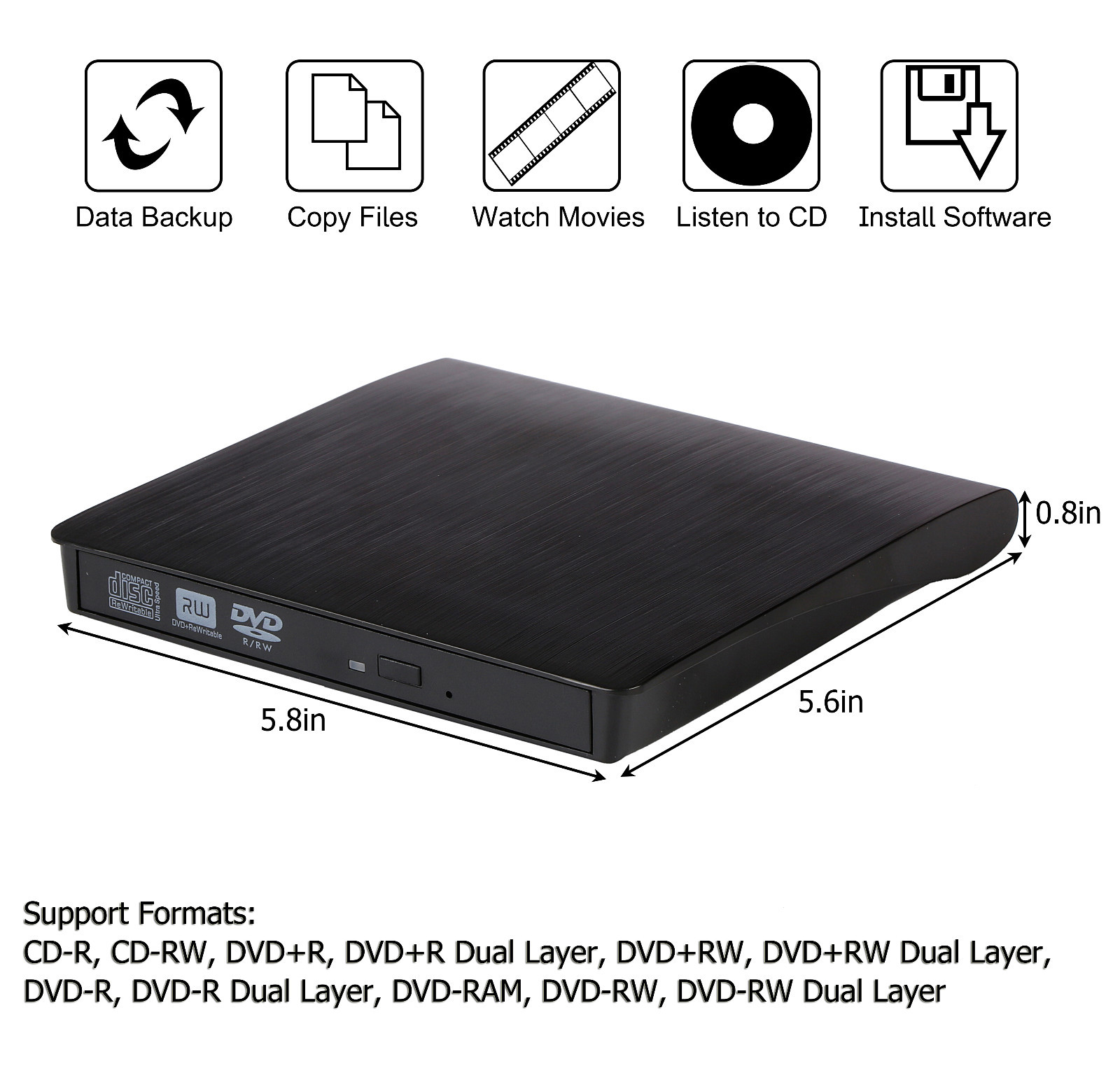 Slim External USB 3.0 DVD RW CD Writer Drive Burner Reader Player For Laptop PC