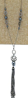 Lia Sophia Flapper Hematite Tone Cut Crystal Stones Tassel Y-Drop Long Necklace