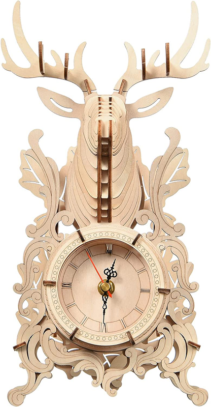 3D Wooden Puzzle Elk Desk Clock Model Kit, Desk Clock Home Decor, Mechanical Mod
