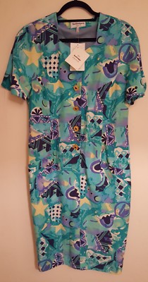Selfridges Womens Dress Size 12 Green Patterend Short Sleeve Matching Belt Nwt