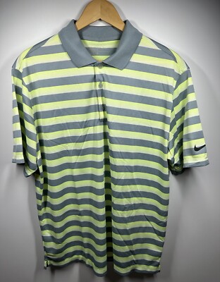Nike Men's Polo Shirt Size L Green Gray Stripes Dri Fit Golf  Performance NWOT