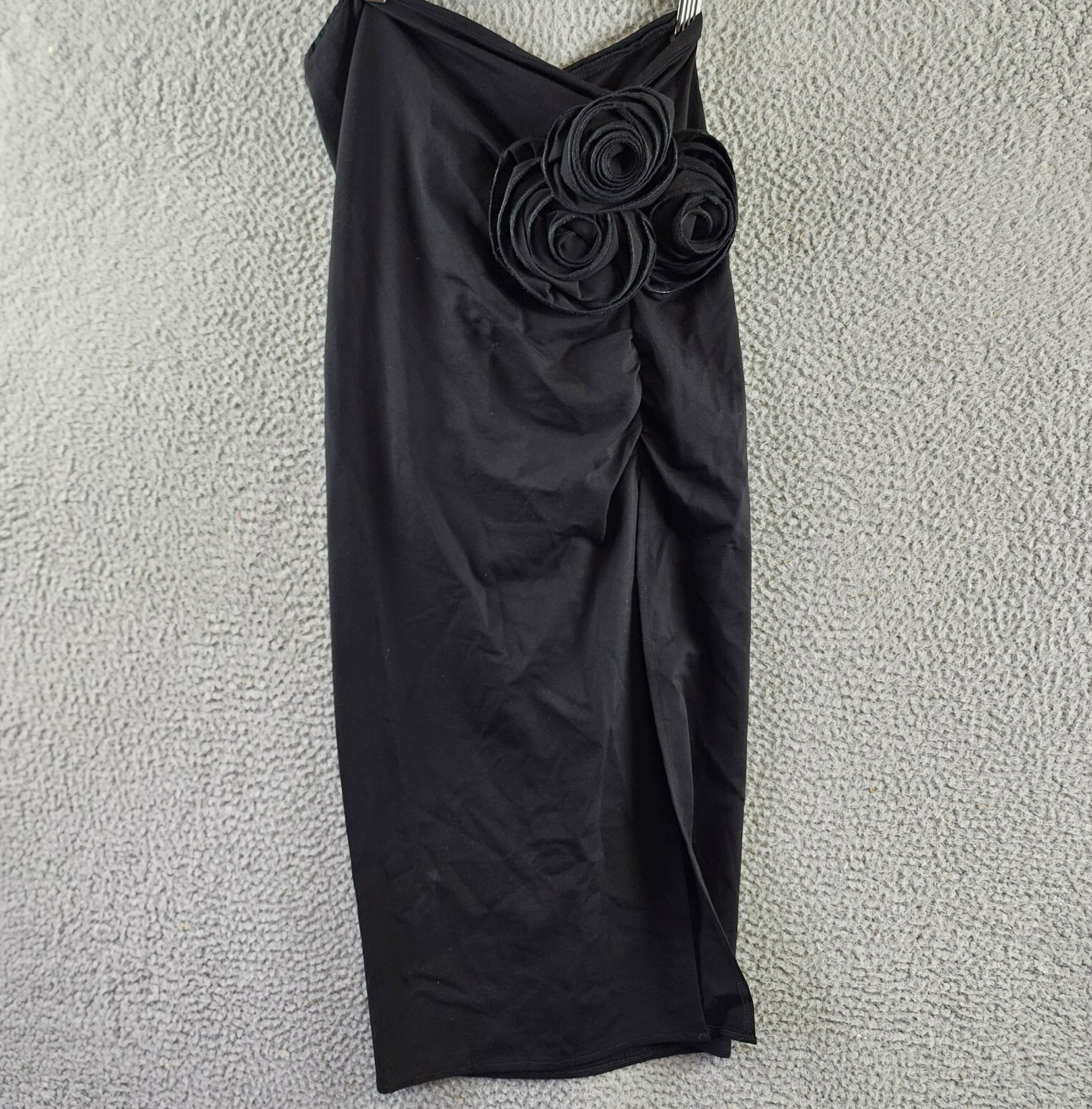 Another Mode Side Slit Rose Applique Skirt Women's L Black Ruched Elastic Waist - Picture 1 of 11