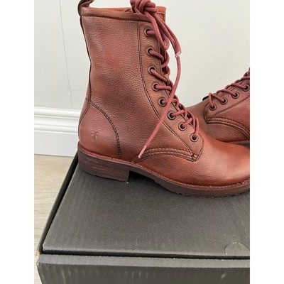 Pre-owned Frye Women's Ankle-high Leather Combat Boot With Lug Sole, Size 7.5 In Red