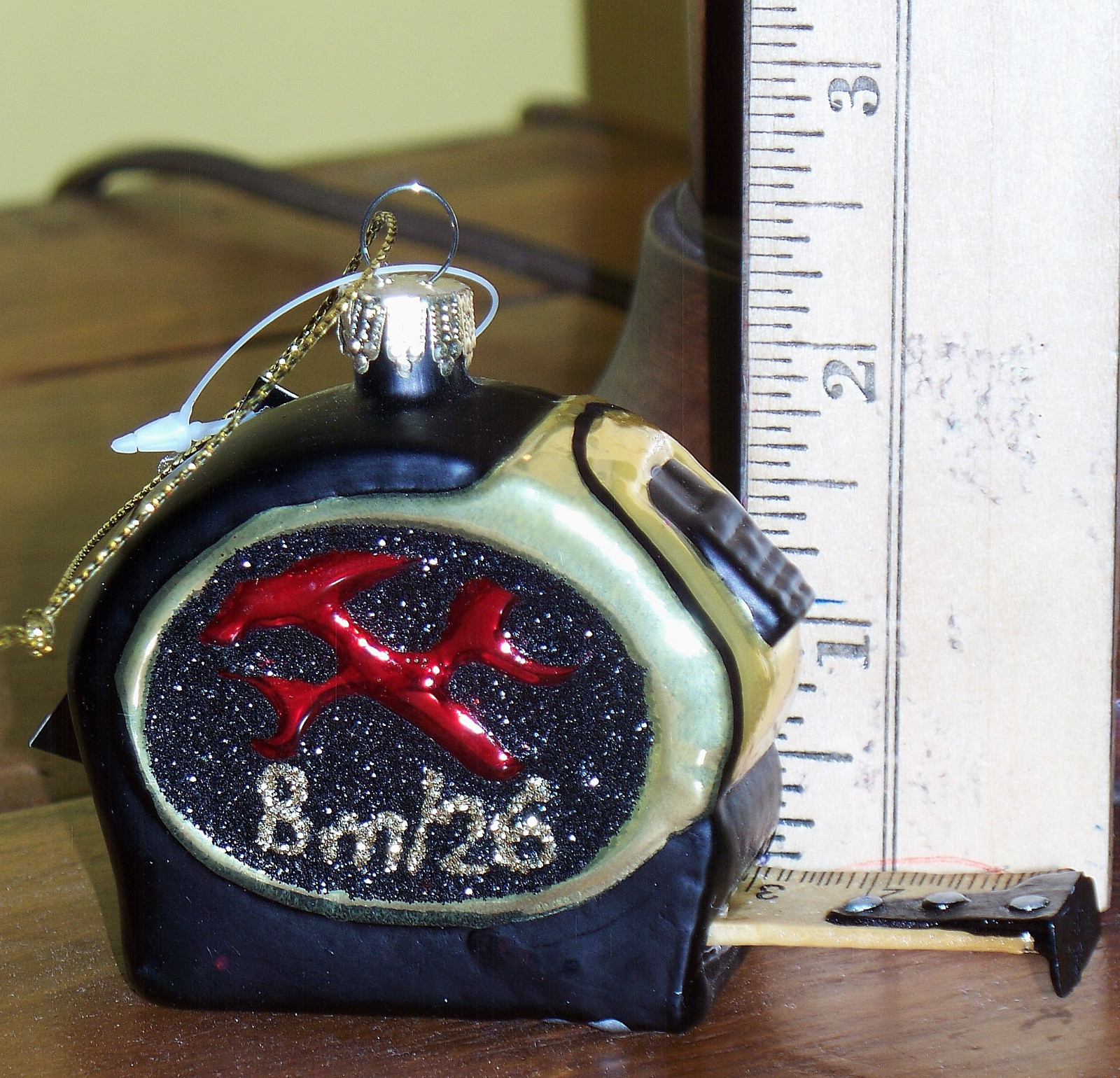 Christmas Ornament Glass Tools DIY Construction Workers Wood Hammer TAPE MEASURE