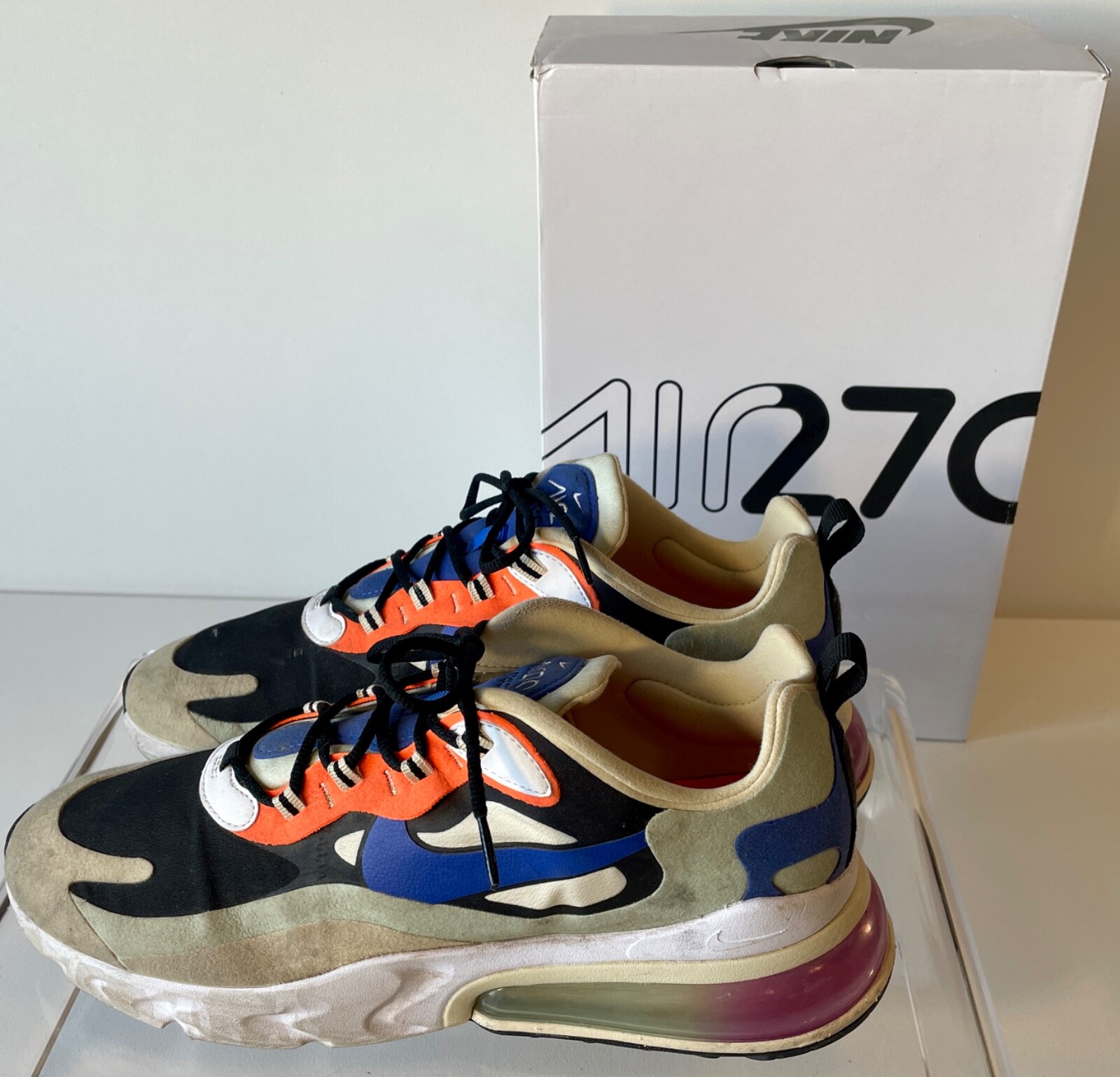 NIKE WOMENS Air Max 270 React Running Sneakers 12 Fossil Hyper Blue Black  $160 | eBay