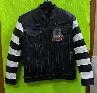 Motorbike Café Style Fashion Leather Jacket With Black Strip On Sleeve For Men's
