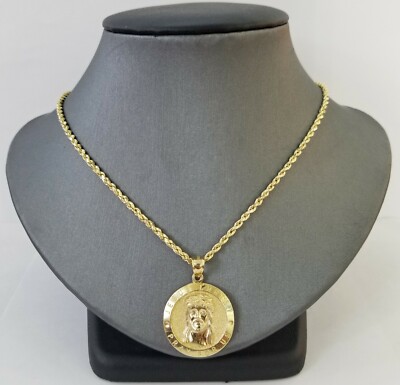 Pre-owned Globalwatches10 10kyellow Gold Round Circle Jesus Charm 18" Inch Rope Chain 2mm 10kt Gold Set