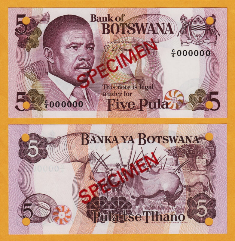 Botswana 5 Pula SPECIMEN Prefix C/6 Pick-8s2 1982 UNC