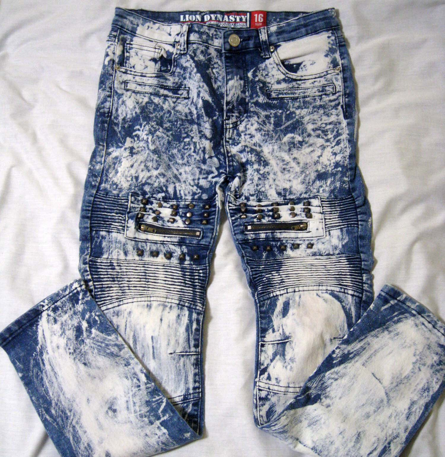 [TWN]★TERRIFIC WASHING DENIM PANTS LION DYNASTY ® Bling Acid Washed - Size 16 Slim - Blue Jeans
