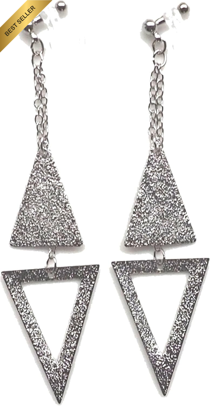 Clip On Earrings Women Dangle Silver Triangle Hoop Long Chain Invisible Non Pier
