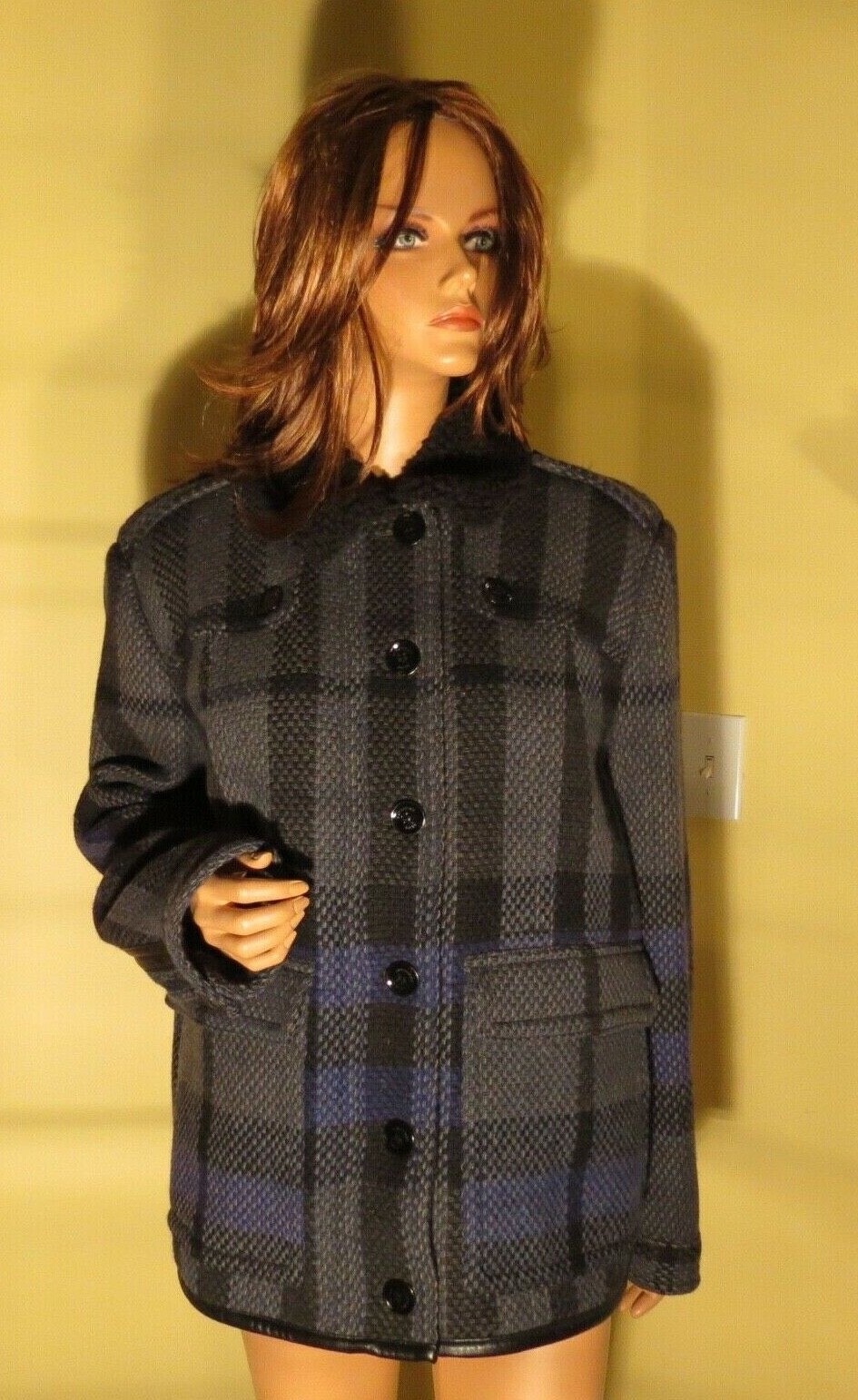 NWT WOMENS BURBERRY BRIT NAVY CHECK WOOL SHEARLING COAT