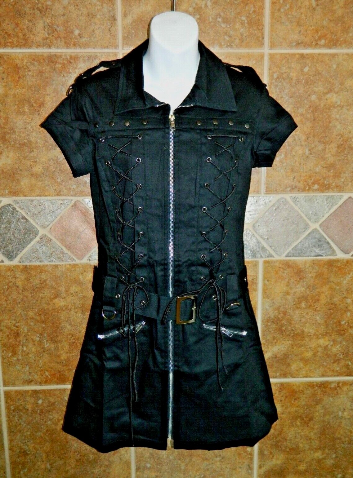 NEW Y2K Orchid Bloom Lace Up Black Dress with Adjustable
