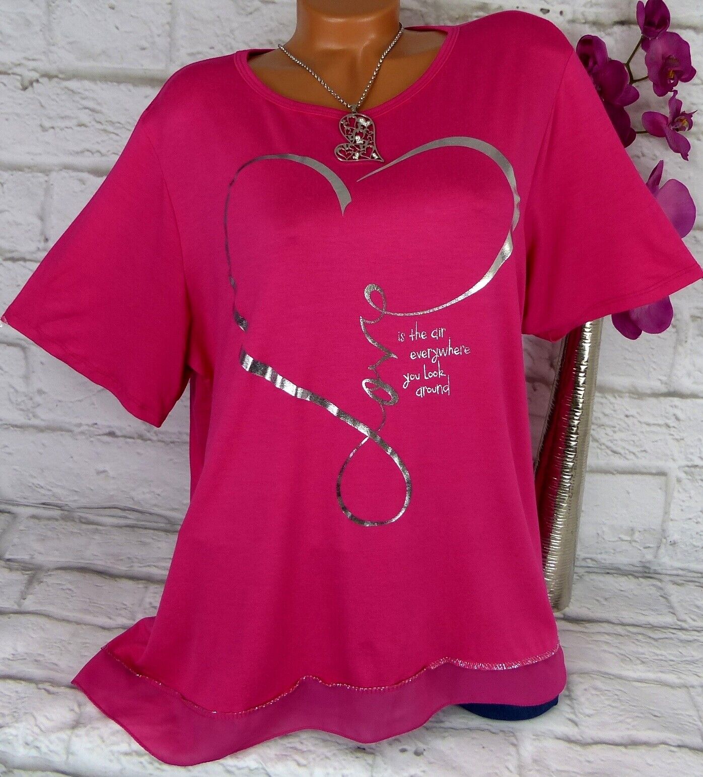 Shirt Kurz T-Shirt Tunika Bluse Top Glitzer Oversize Viskose Pink 46 48 50