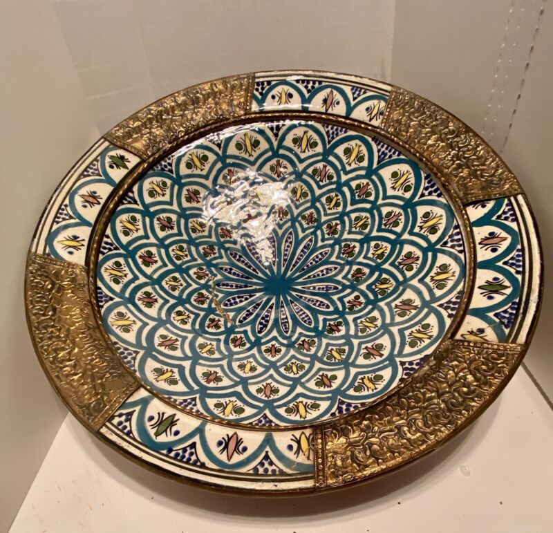 Morocco   Saad Safi Hand Painted 19”  Clay Dish Art Pottery 19th C Moorish Clad