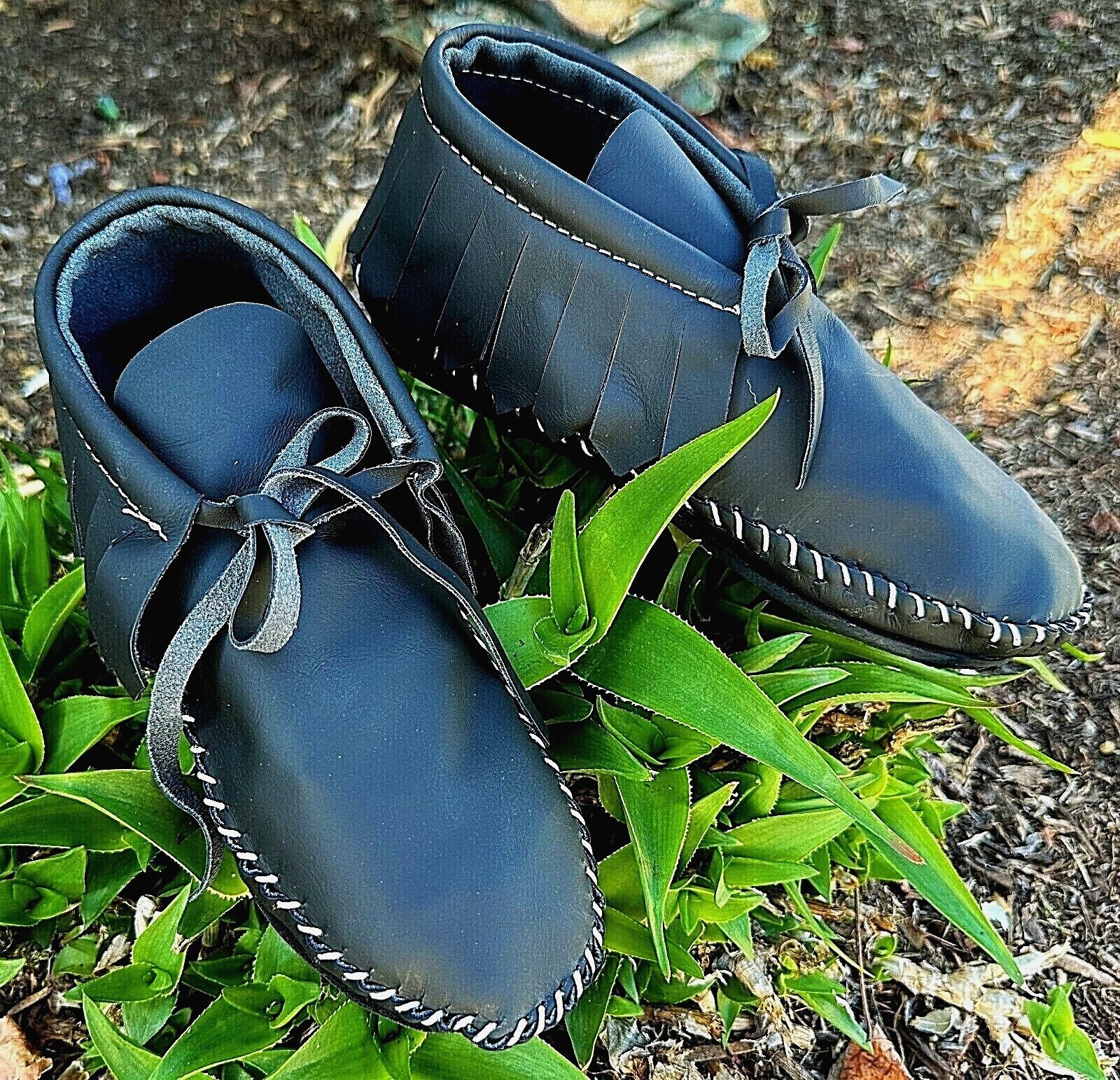 Men Black Soft Leather Moccasins Ankle USA Made Fringe Lace Men Black Soft Leather Moccasins Ankle USA Made Fringe Lace
