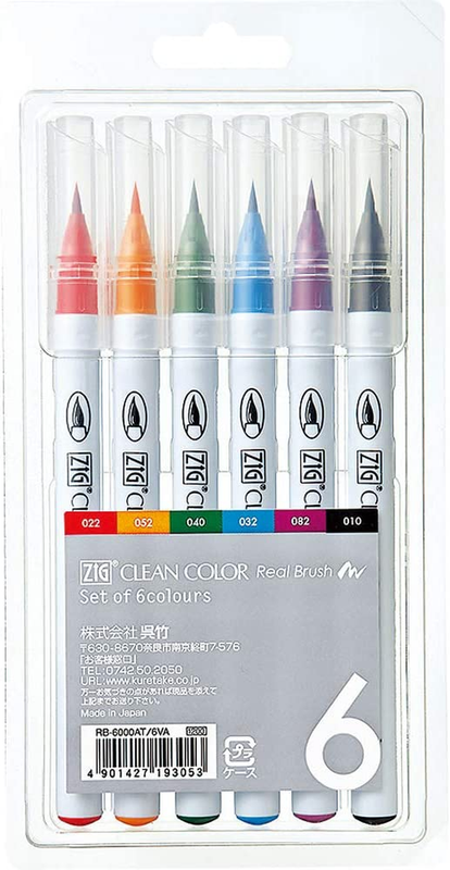 ZIG Clean Color Real Brush Pens, 6 Colors with Flexible Brus