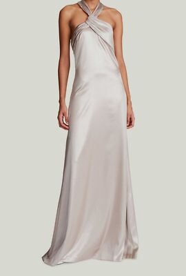 $595 Halston Women's Beige Raelynn Metallic A Line Halter Gown Dress Size 16