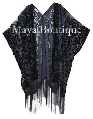 Pre-owned Maya Matazaro Art Nouveau Black Caftan Kimono Duster Burnout Velvet  Made In Usa