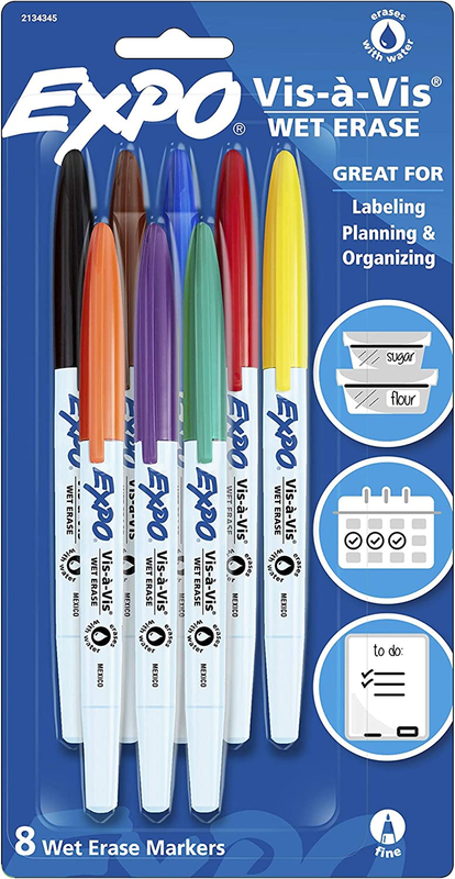 EXPO Vis-A-Vis Wet Erase Marker Set, Fine Tip, Assorted Colo