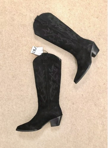 Zara Black Embroidered Suede Leather Knee High Cowboy Boots Zara Black Embroidered Suede Leather Knee High Cowboy Boots