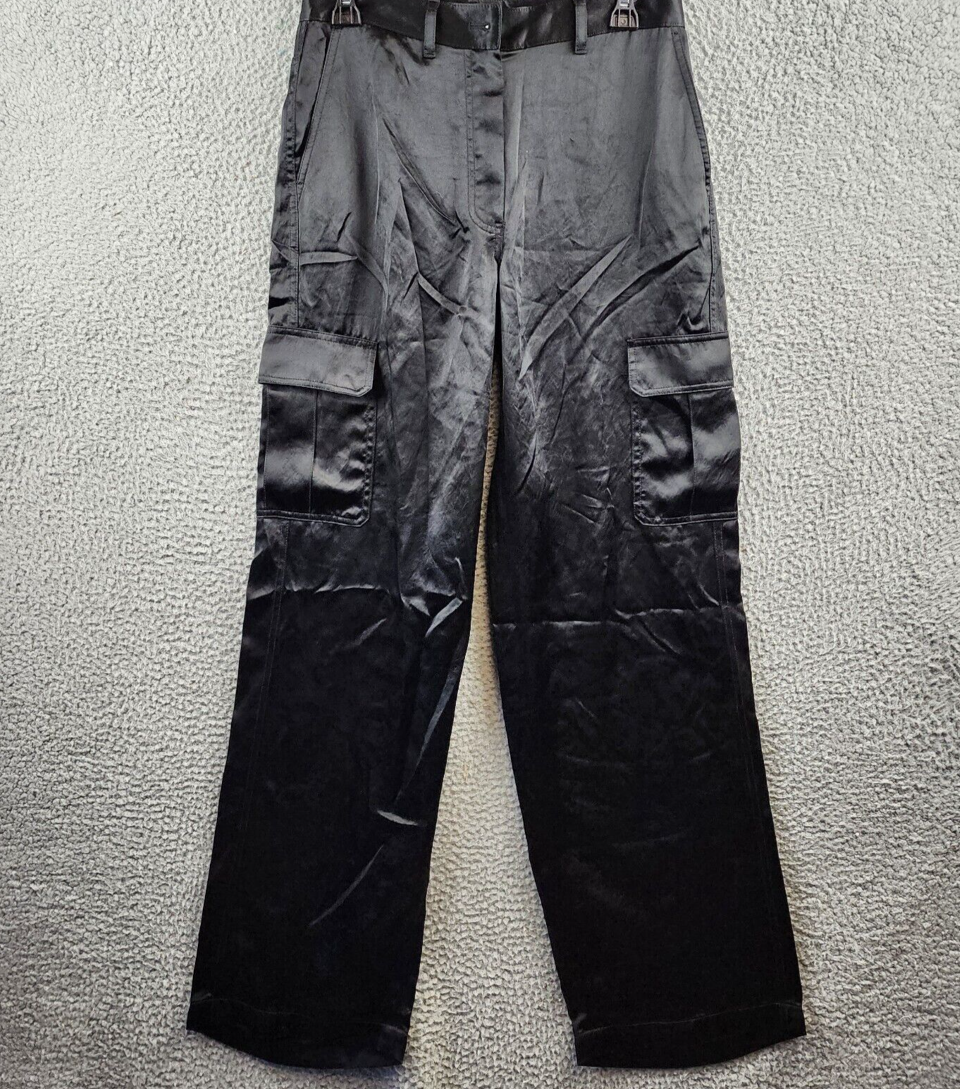 Theory Satin-Finish Wide-Leg Pants Women's 2 Black Solid Button Zip Closure - Picture 2 of 15