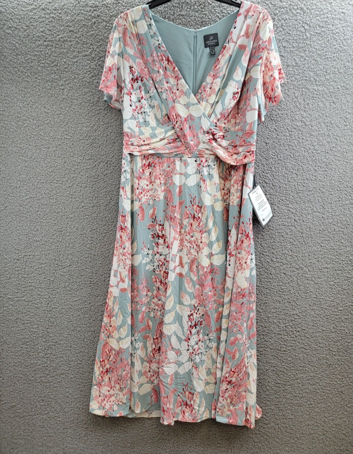 Adrianna Papell Plus Surplice Midi Dress Women's 22W Aqua Multi Back Zip Closure - Picture 2 of 18