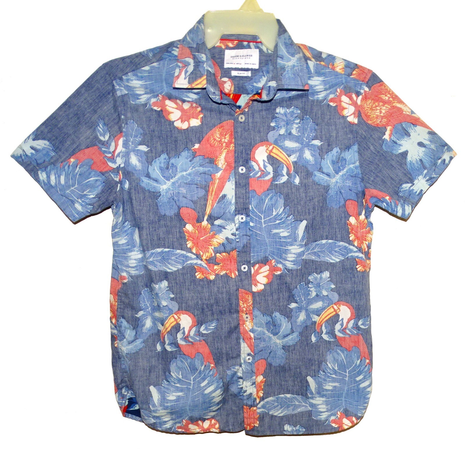 Sz M Denim & Flower Reverse Hawaiian Aloha Shirt Cotton Blue