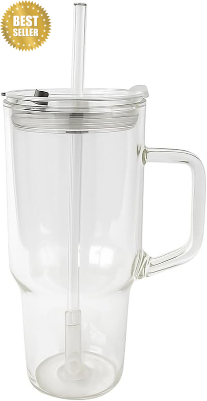 Large Glass Tumbler Mug with Handle and Lid – 700ML Reusable Travel Cup for Hot