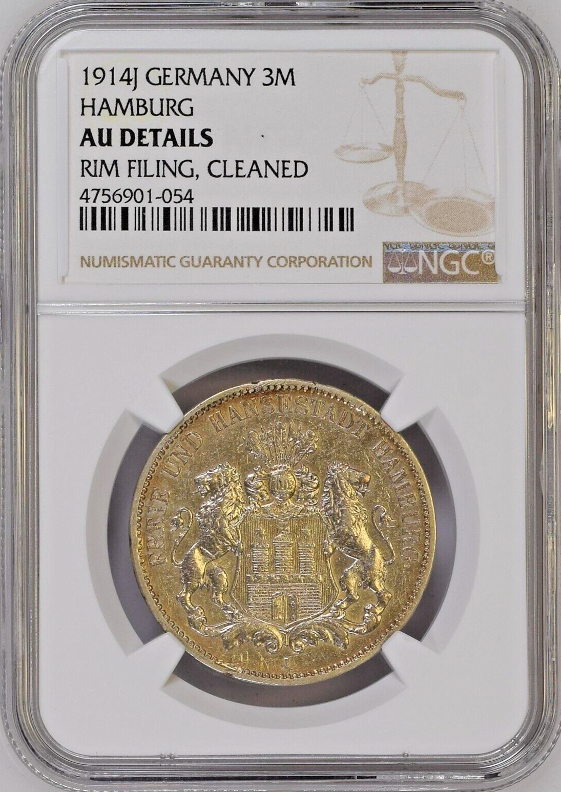 1914-J Germany States Hamburg .900 Silver 3 Mark KM#620 NGC