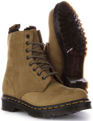 Pre-owned Dr. Martens Dr Martens 1460 Serena Fur Lined Leather Ankle Womens Boots Olive Green Us 4 - 9 In Olivegreen