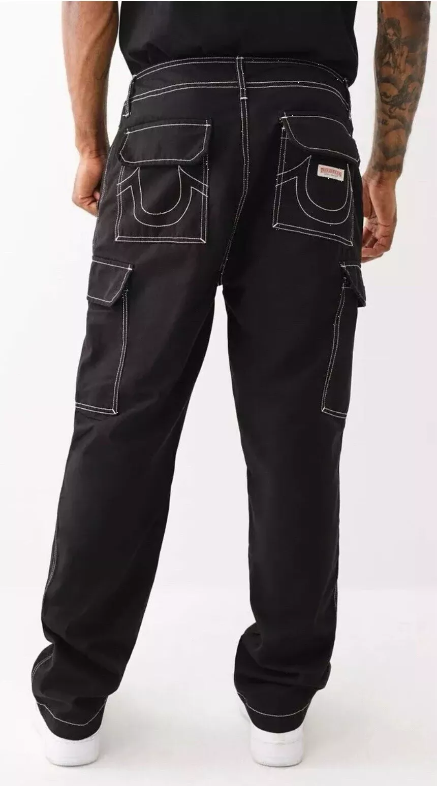 NEW TRUE RELIGION = 38 X 32 = MEN'S JET BLACK CARGO BAGGY