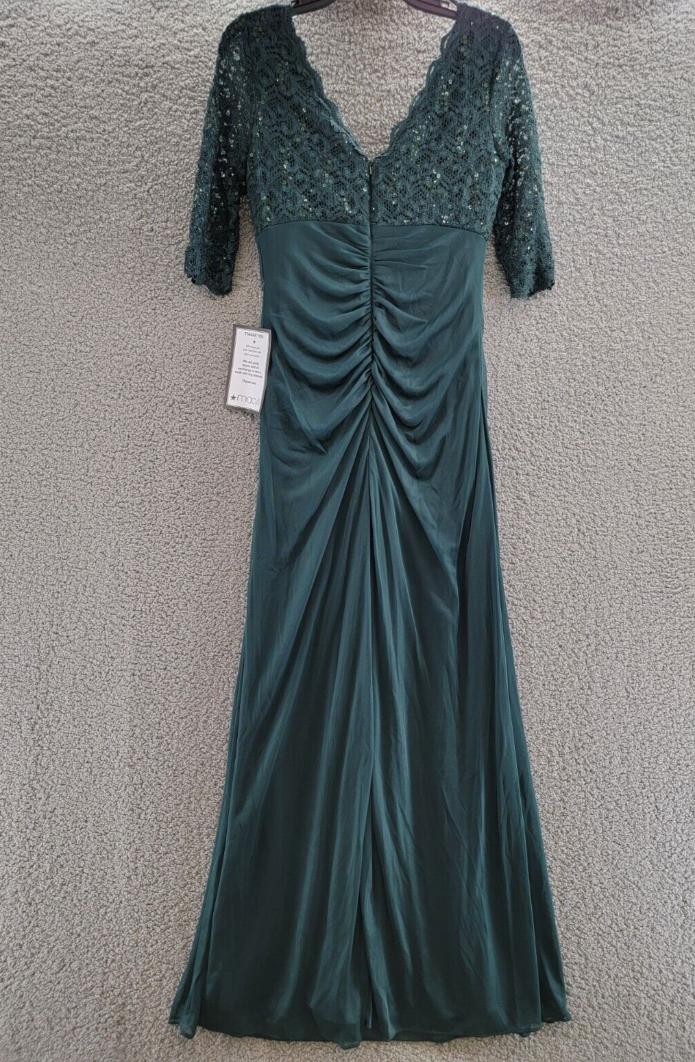 Betsy & Adam Lace-Top Waterfall-Detail Gown Women's 8 Pine Back Zip Closure - Picture 11 of 18