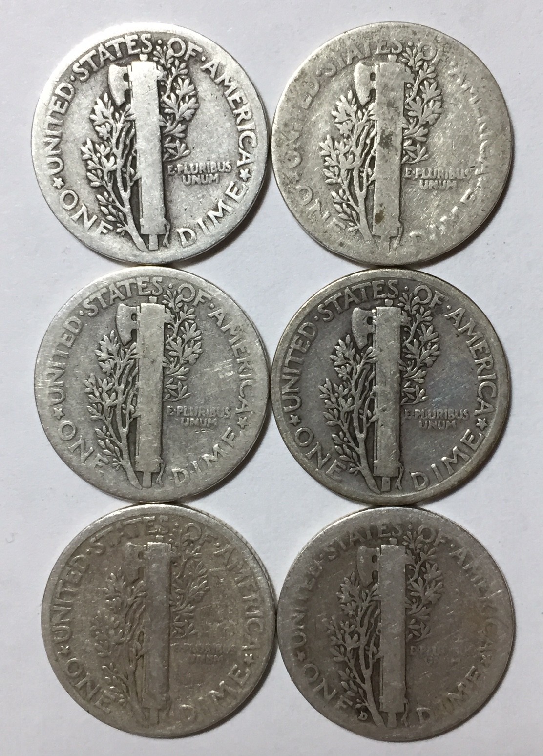 1923, 1925, 1926, 1930, 1935 and 1936-D 10C Mercury Dimes 90% Silver