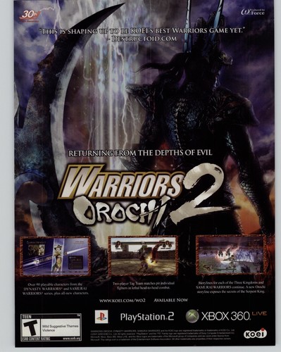 Warriors Orochi 2 PS2 Xbox 360 PSP 2008 Print Ad/Poster
