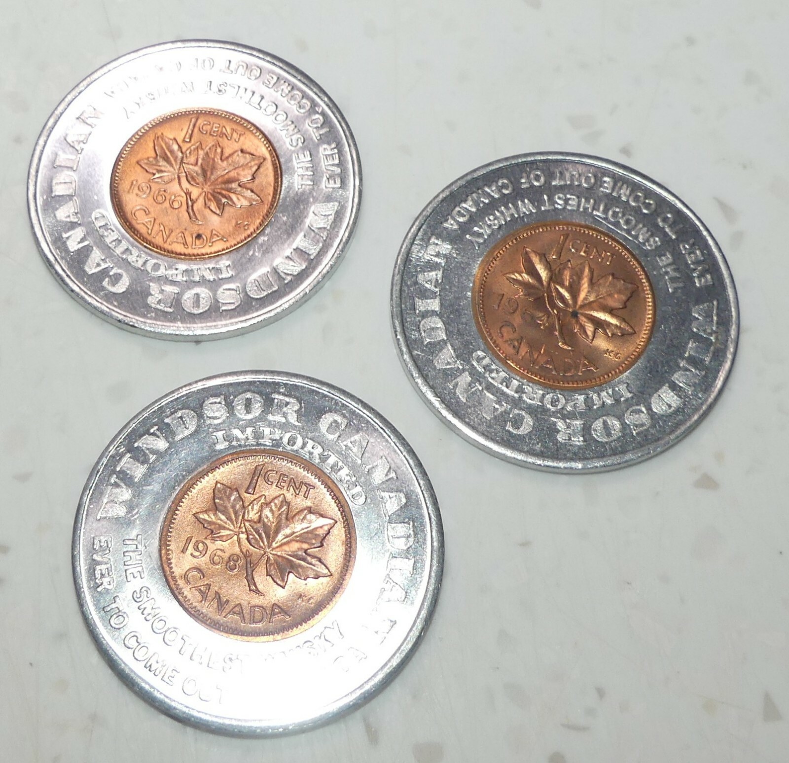 3 Windsor Canadian Whiskey Encased Penny Cent  1964 1966 1968