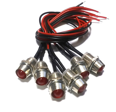 6 Super Bright 12v AC/DC Red LED Indicator Lights in SS Bezels w/Red Lens