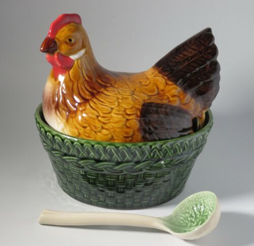 Vintage Olfaire Portugal Hen Chicken Tureen Bowl Large with leaf ladle Crazing