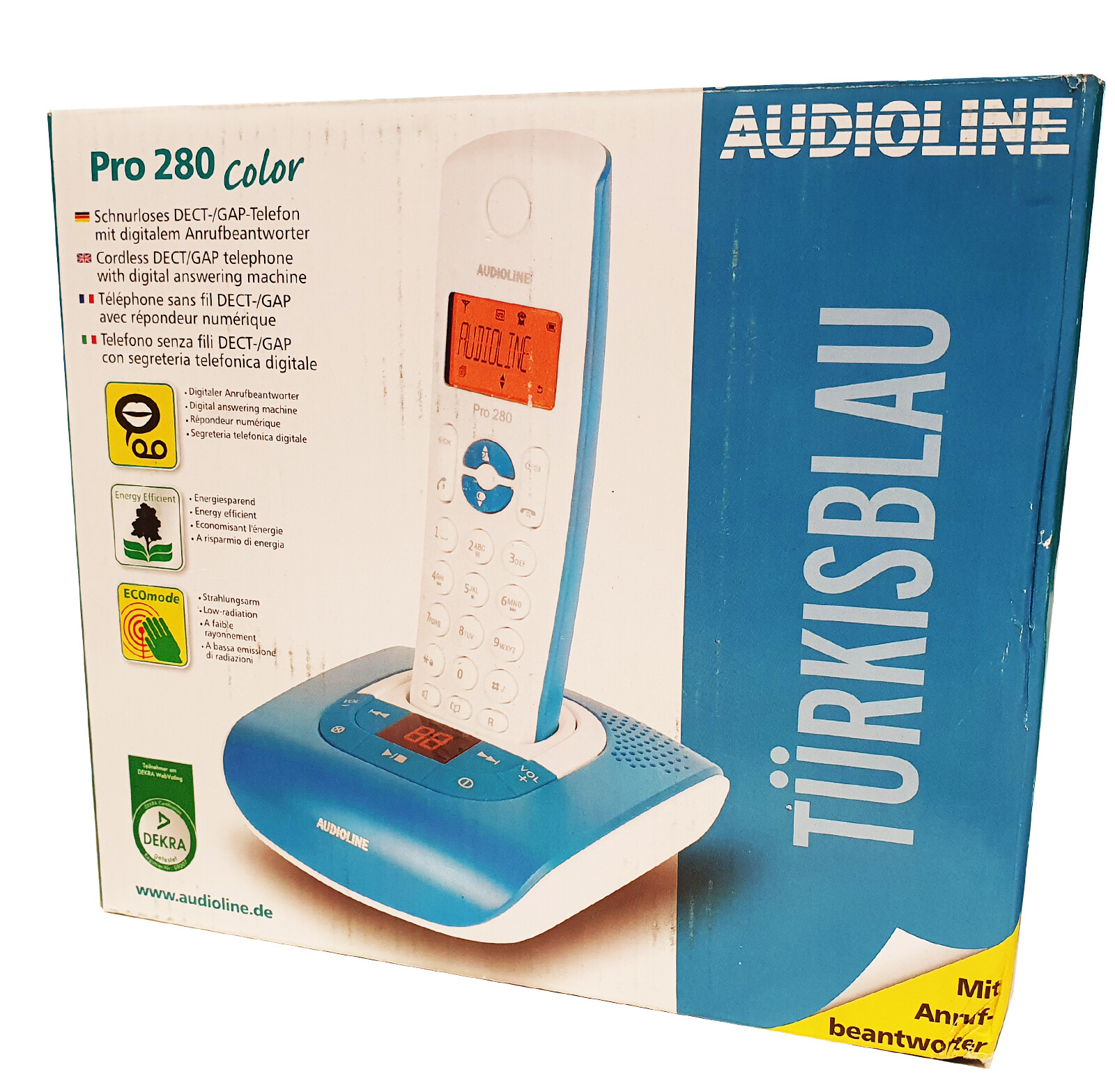 Audioline Pro 280 Color Schnurloses DECT-Telefon mit Anrufbeantworter Türkisblau
